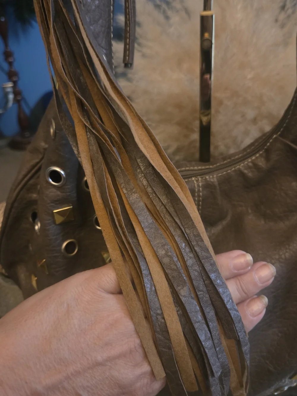 Y2K Brown Studded Grommet Fringe Hobo Bag Boho Rocker